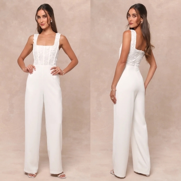 Lulus Pants - Lulus Truly Profound White Mesh 3D Floral Embroidered Bustier Jumpsuit M Wedding